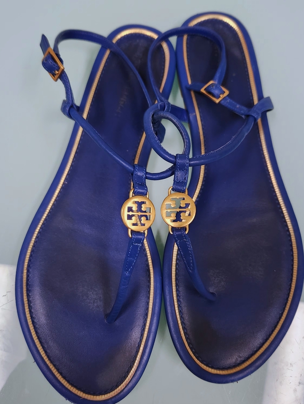 Tory Burch🥰 Blue Leather Miller Logo Thong Sandals Final Price